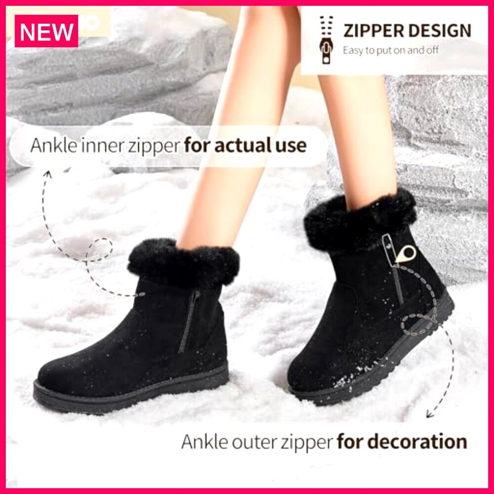 Women's Winter Snow Boots Suede Ankle Booties with Faux Fur Lining - Picture 3 of 8